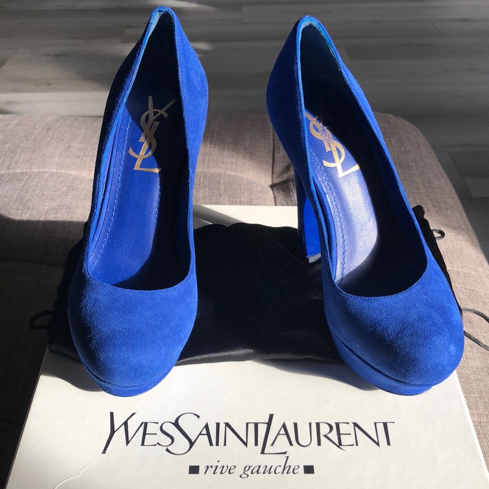 YVES SAINT LAURENT Cobalt Blue Suede Palais Platform Pumps Heels